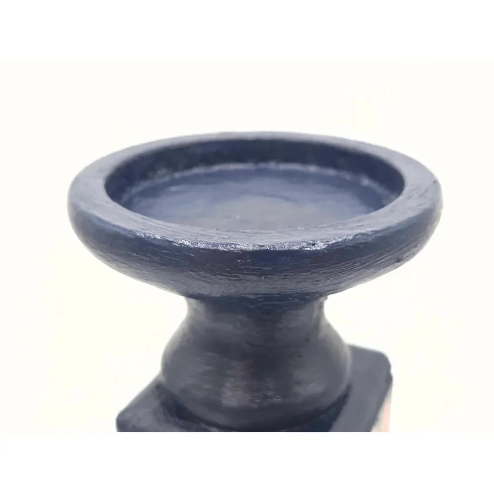 Navy Floral Tall Candle Holder - Upcycled Wood Pillar Stand Decor